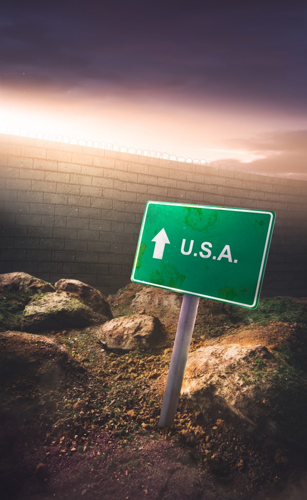 Mexico Us Border Sign With High Wall Round Rock Square Hole